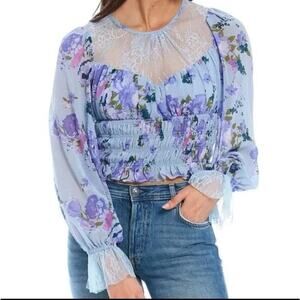 Free people Daphne Blouse in Silver Blue Combo floral lace Sz Medium NWT $128